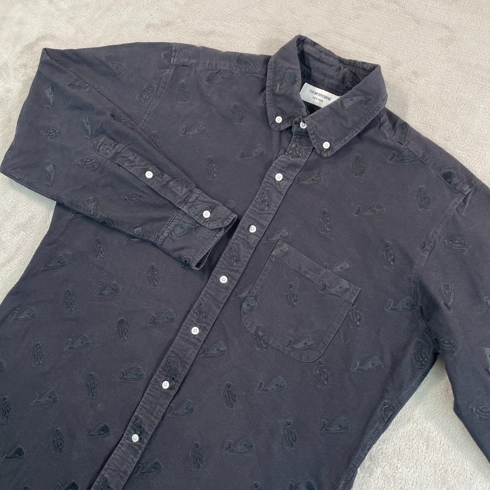 Thom Browne Whale & Turtle Embroidery Shirt Men 2XL 5 Black‎ Designer USA $795